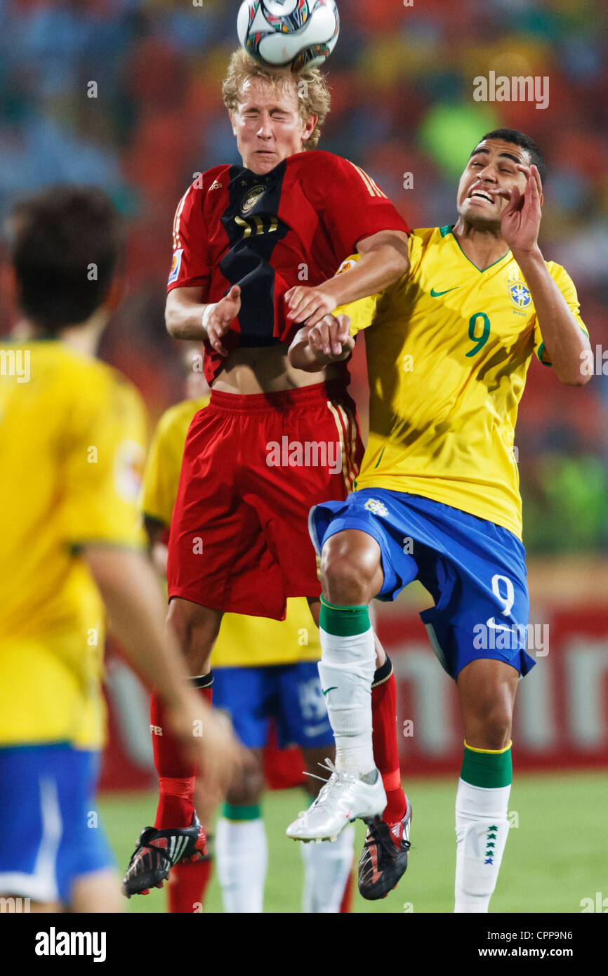 Lewis Holtby of Germany (L) wins a header against Alan Kardec of Brazil (R) during a FIFA U-20 World Cup quarterfinal match. Stock Photo