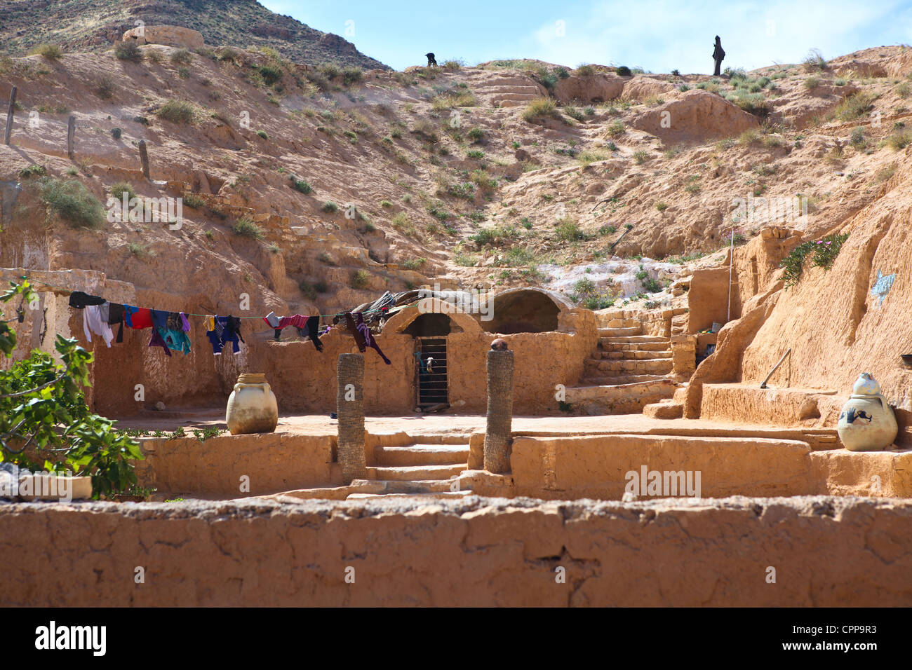 Courtyard in rock. An underground house of troglodytes in Tunisian