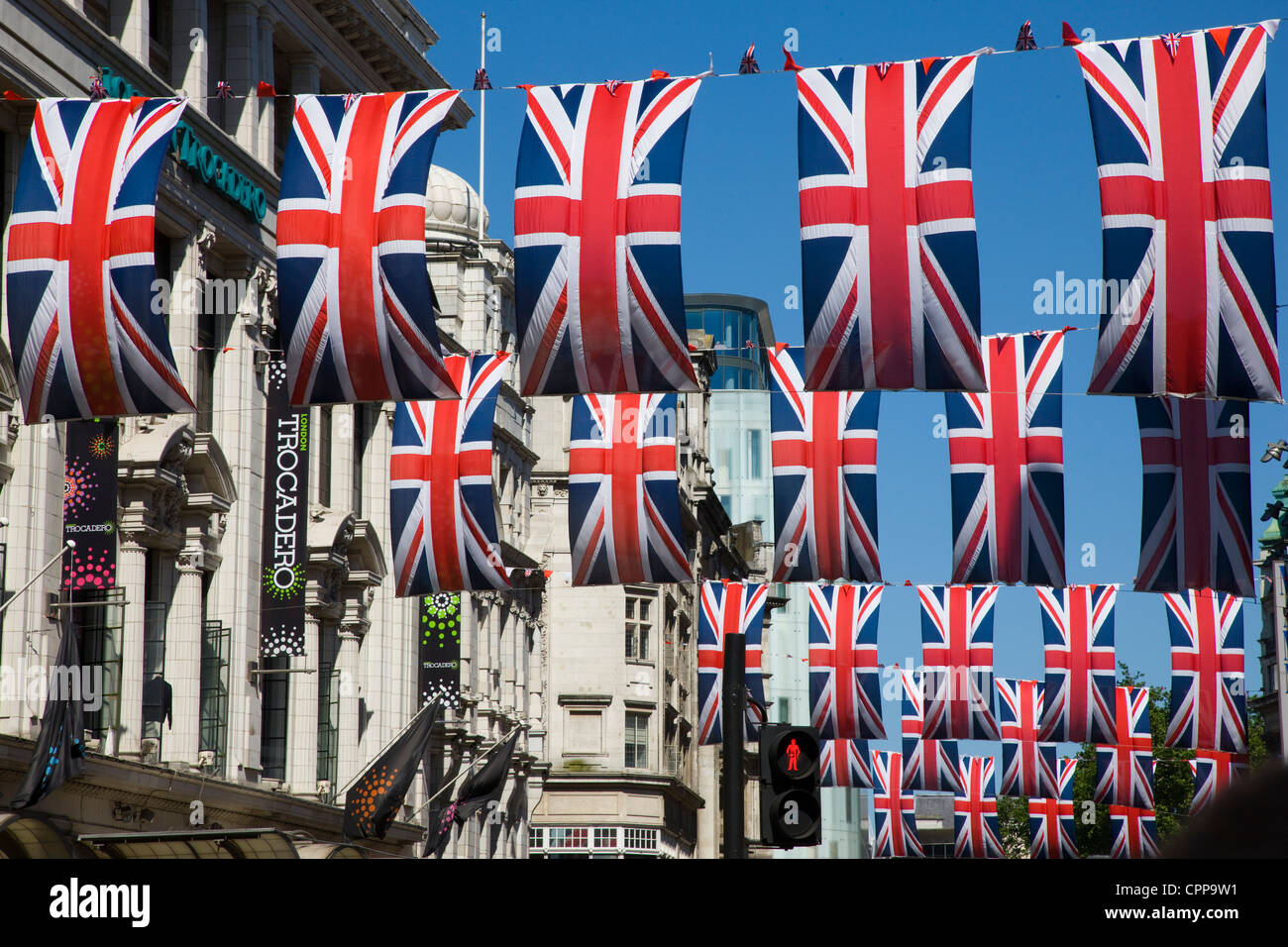 Union Jack bunting to celebrate the Queen's Diamond Jubilee in Oxford Street and Regent Street, London, UK, May 2012 Stock Photo