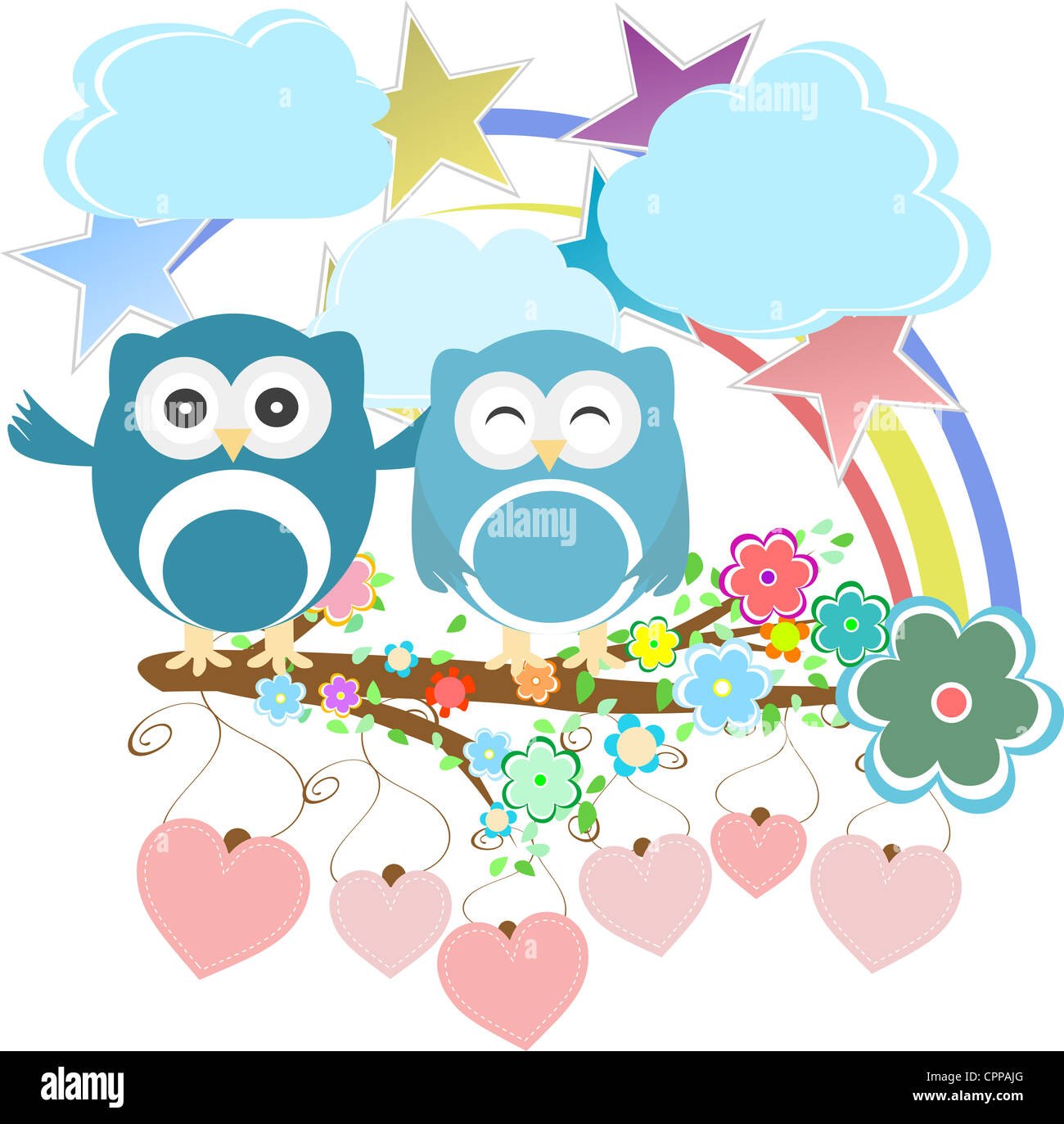 Two cute owls and bird on the flower tree branch Stock Photo - Alamy