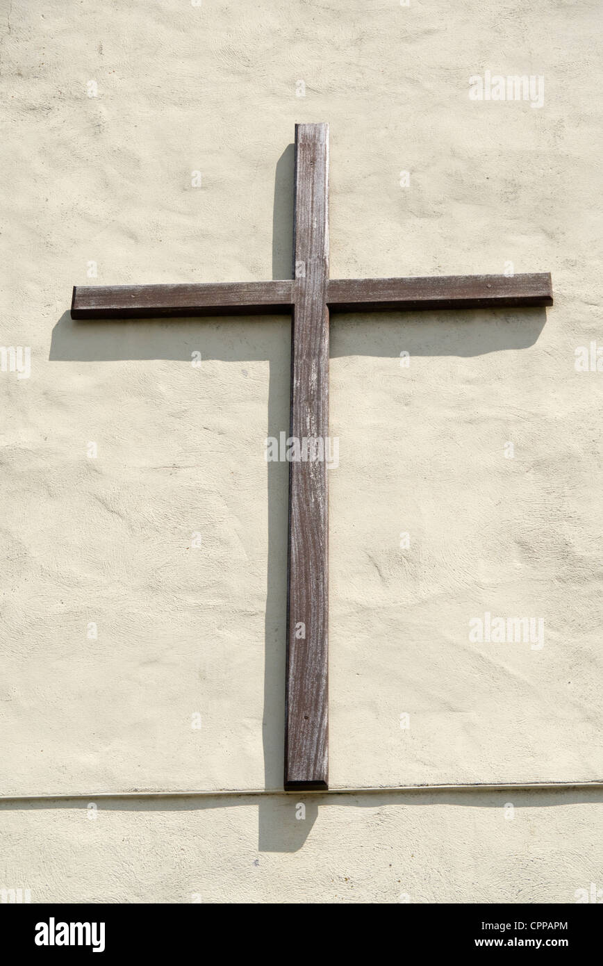 The Salvation Army wooden cross outside the meeting hall in Redruth, Cornwall UK. Stock Photo