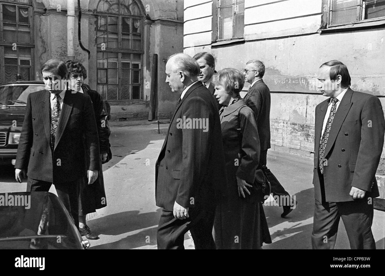 May 10, 1994 - St. Petersburg, Russia - May 10,1994.First USSR president Mikhail Gorbachev with his spouse Raisa Gorbacheva when visiting St.Petersbyrg,Russia. Vladimir Putin, the chairman of the city's Foreign Relations Committee is pictured right. (Credit Image: © PhotoXpress/ZUMAPRESS.com) Stock Photo