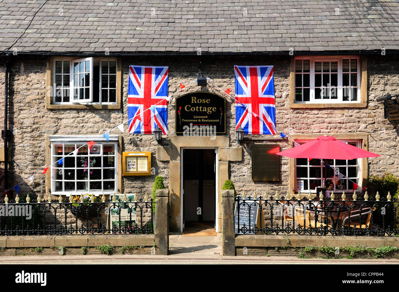 Castleton Rose Cottage Tea Rooms.Displaying Union Flags for the Queens