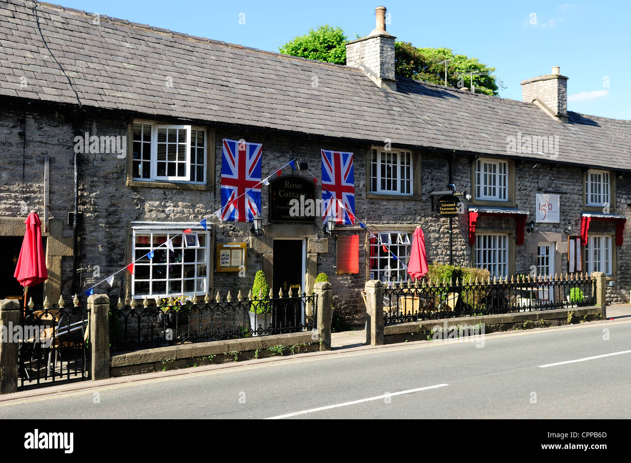 Castleton Rose Cottage Tea Rooms.Displaying Union Flags for the Queens