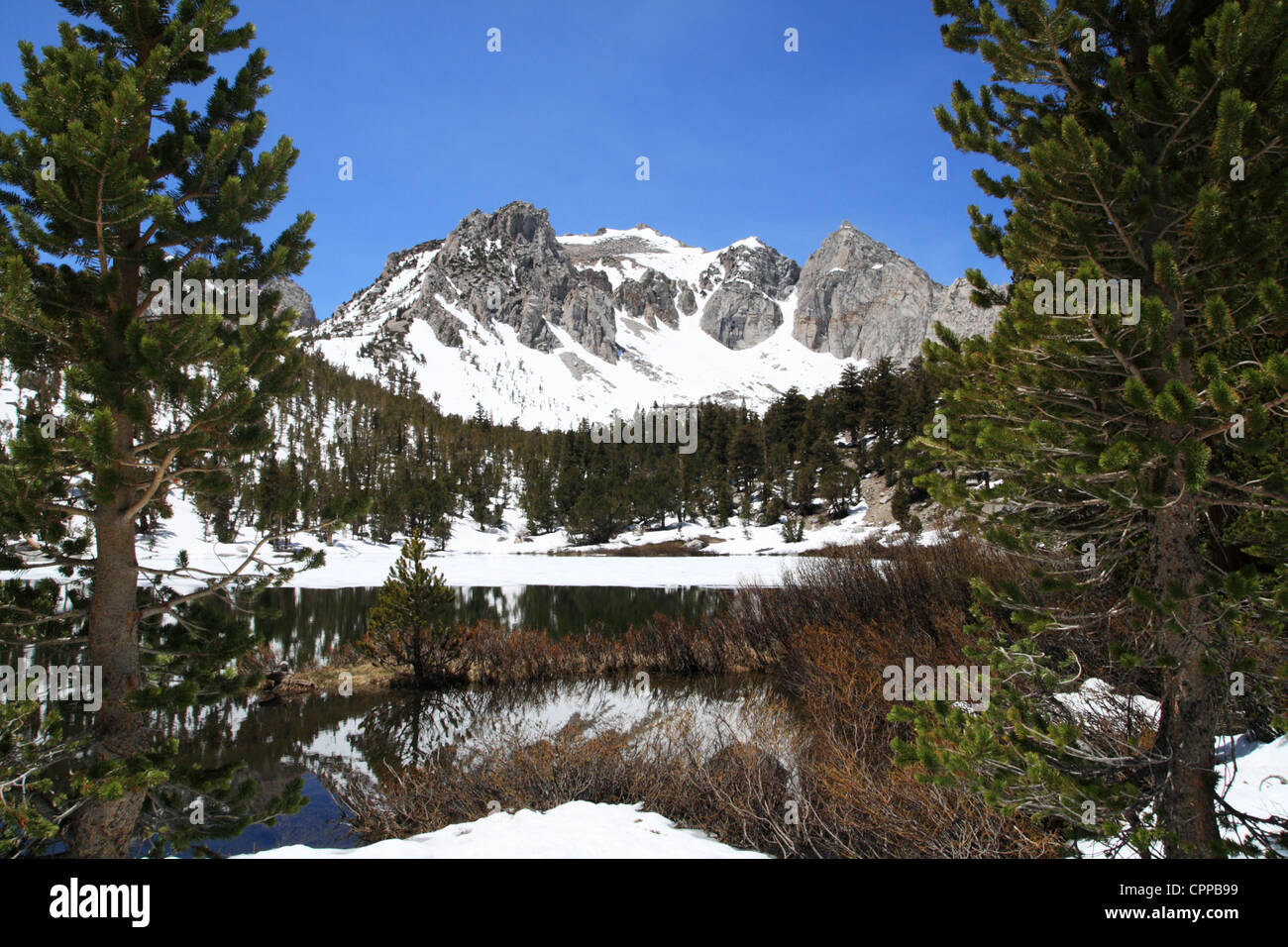 snowy mountain and lake in the Sierra Nevada mountains Stock Photo
