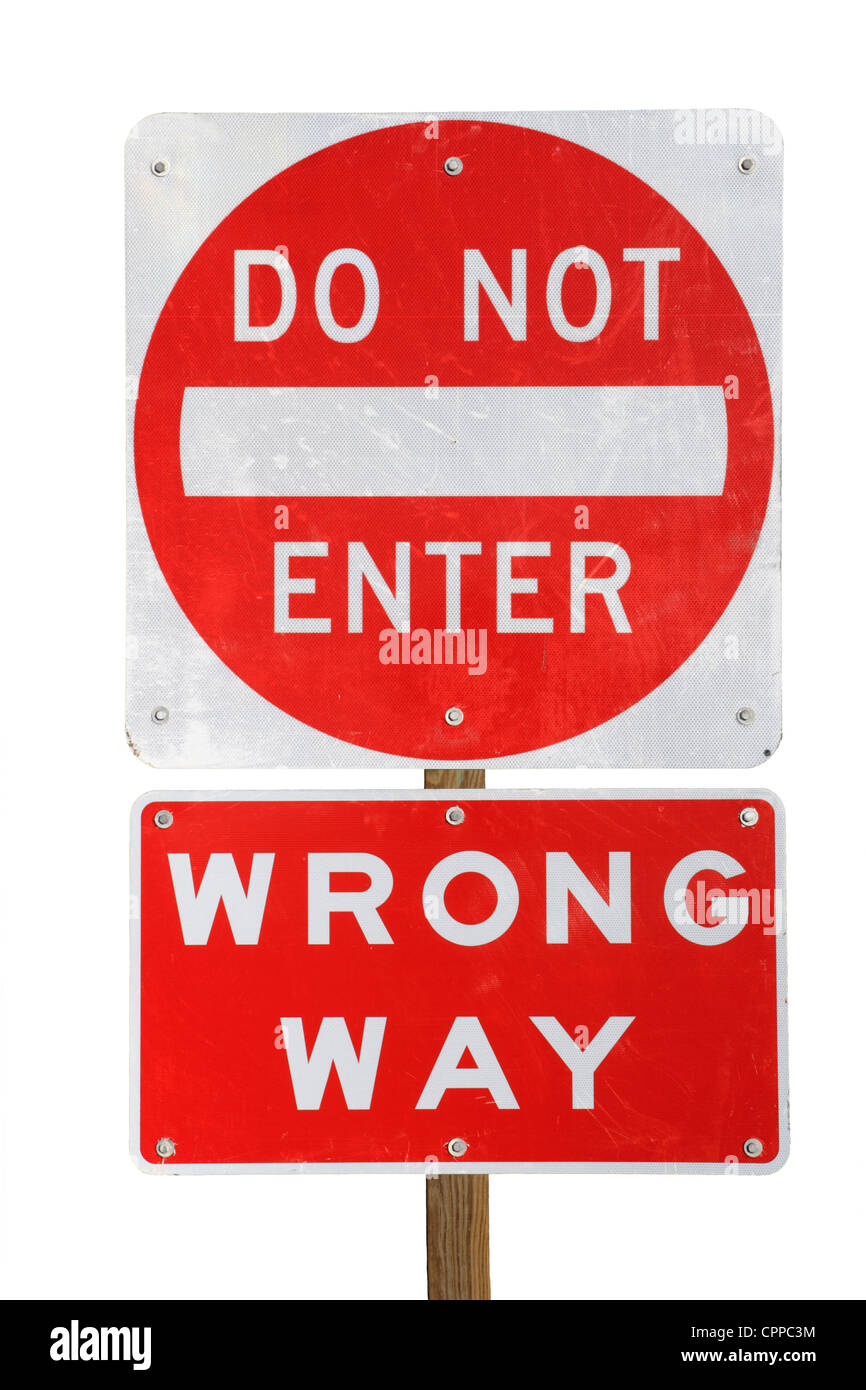 do not enter wrong way red and white road sign isolated on white background Stock Photo