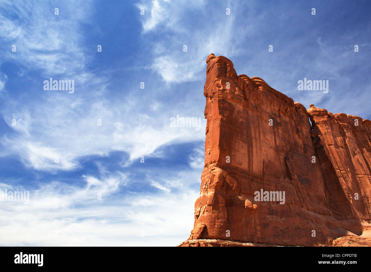 Tower Ridge Courtyard Courthouse Towers Ridge in Arches National Park with dramatic Blue Sky ...