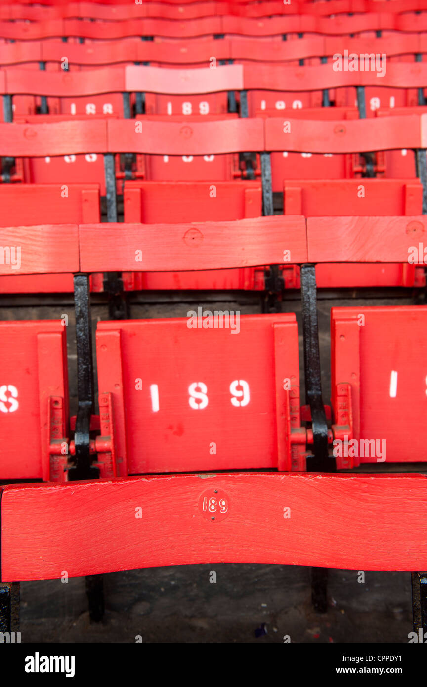 Original wooden seats in the Paddock enclosure at Anfield, home of Liverpool Football Club, when stadium is empty. Stock Photo