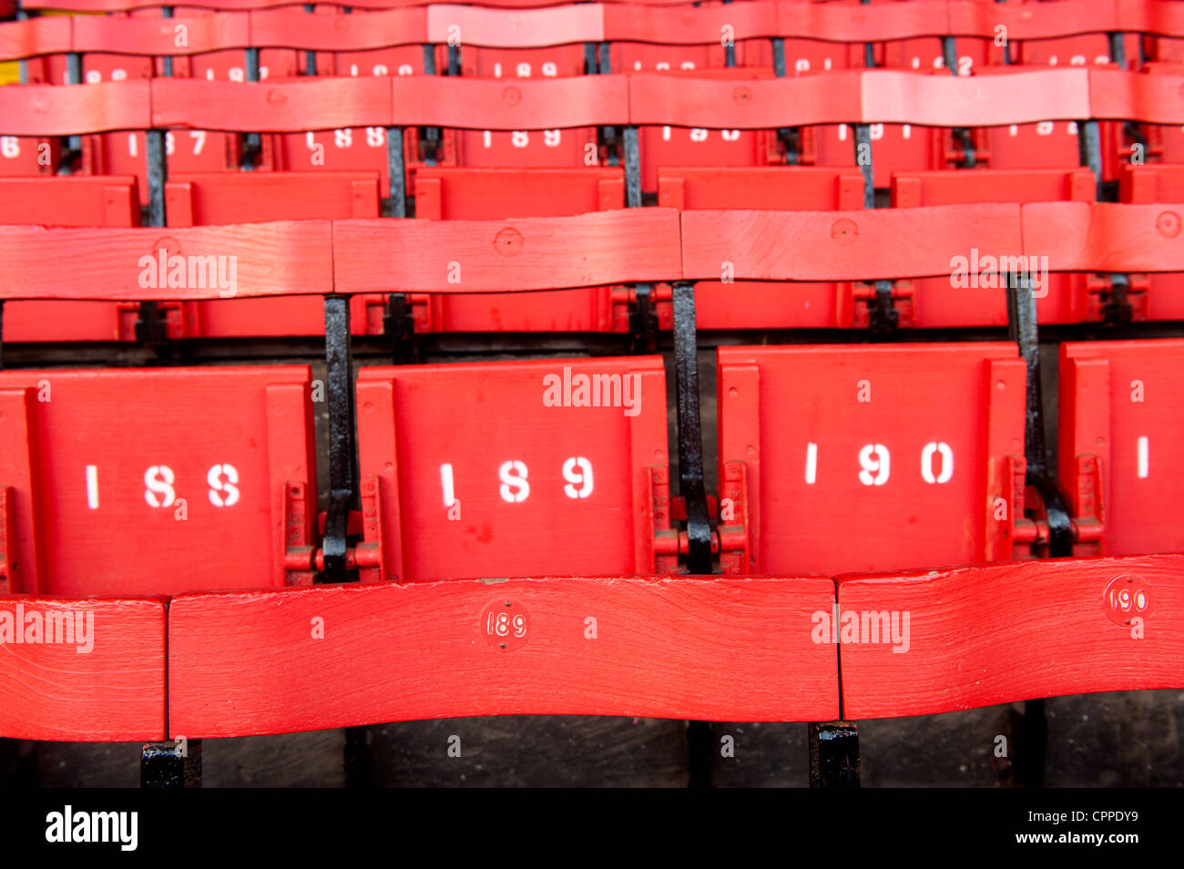 Original wooden seats in the Paddock enclosure at Anfield, home of Liverpool Football Club. Stock Photo