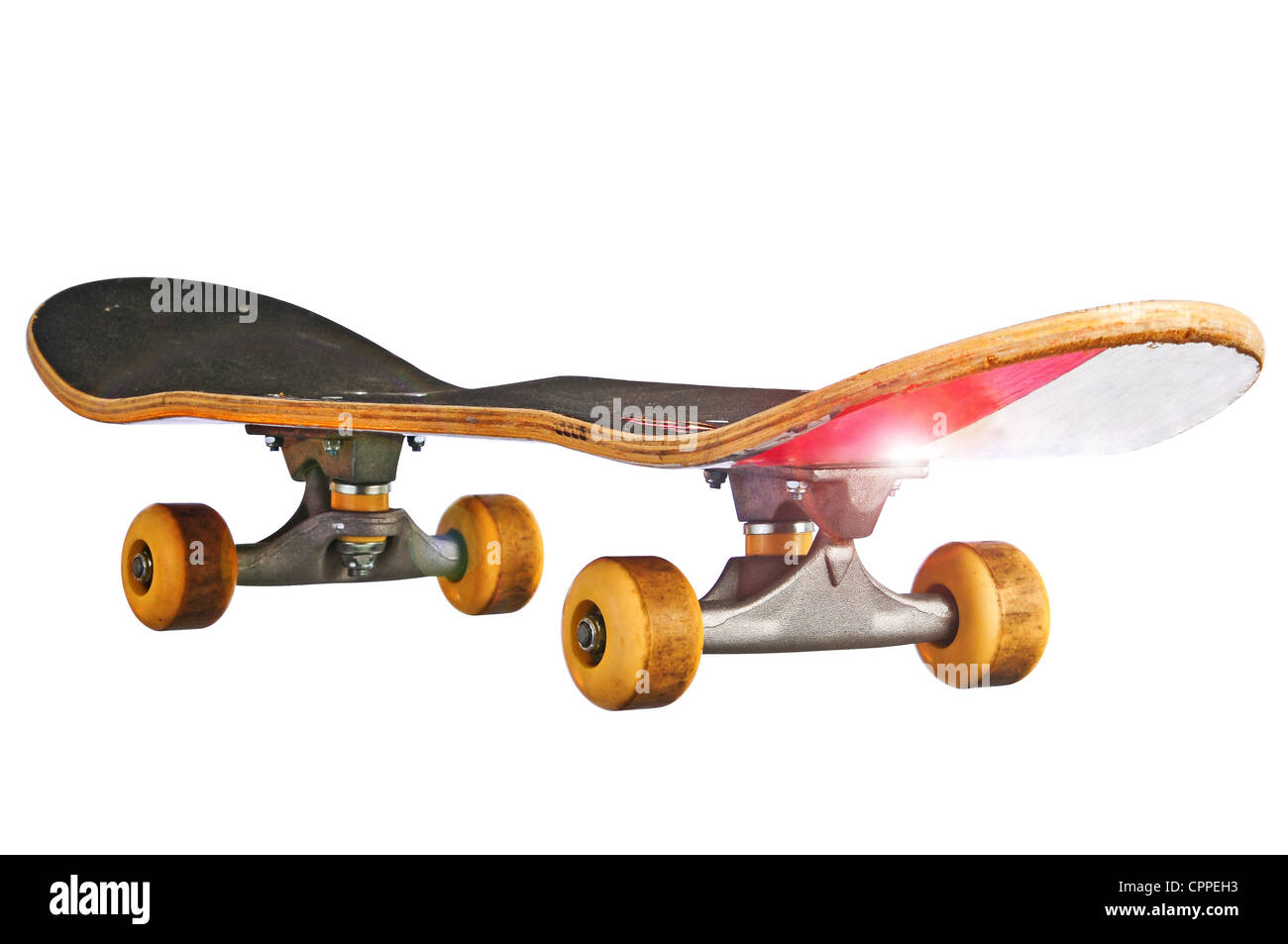 Skateboard at an oblique angle islolated with a clipping path so you can place it under your model. Stock Photo