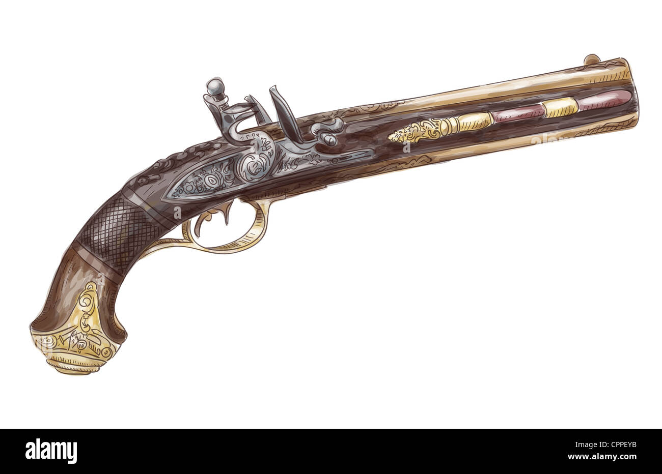 Dutch two barrel flintlock pistol by Johann Kuchenreiter (late 18th Century). Watercolor imitation. Illustration. Stock Photo