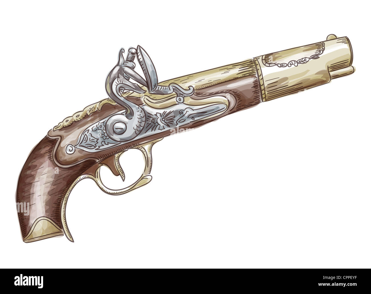 French flintlock antique pistol (late 18th - early 19th Century). Illustration. Watercolor style. Stock Photo