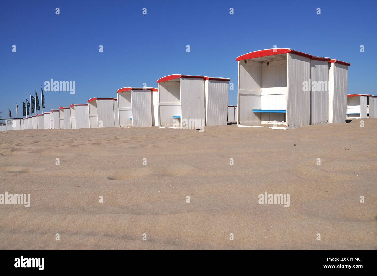 Wooden beach cabins on the beach of Katwijk, Netherlands, Europe Stock Photo