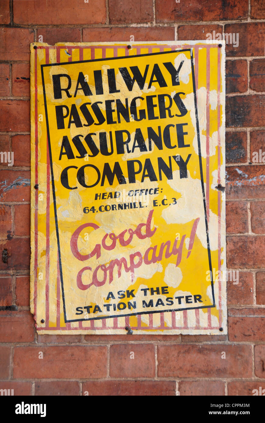 Old metal advertisement for Railway Passengers Assurance Company Stock Photo