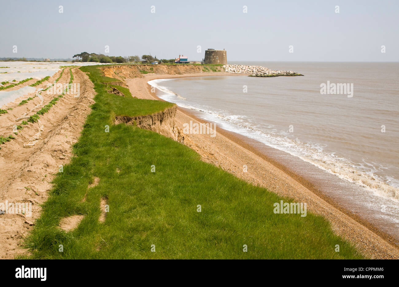 Rapid coastal erosion of soft cliffs at East Lane Bawdsey, Suffolk, England Stock Photo