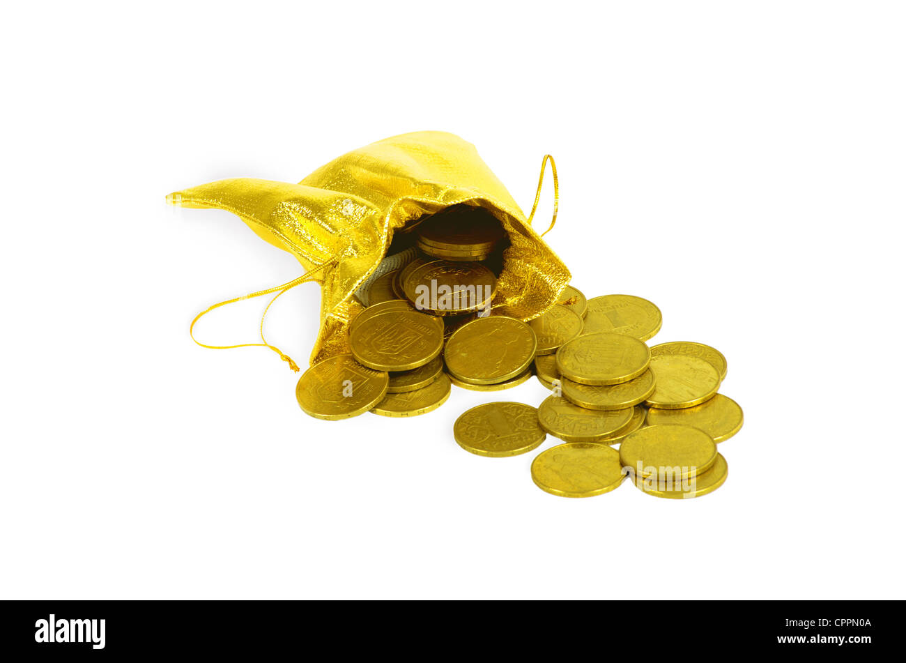 Money coins in golden bag isolated on white Stock Photo - Alamy