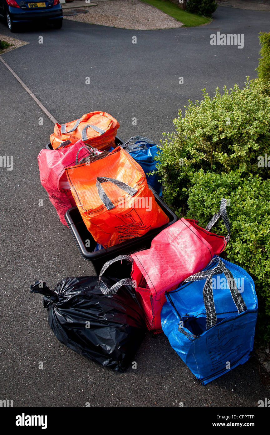 Household waste and recycling awaiting kerbside collection by Cornwall
