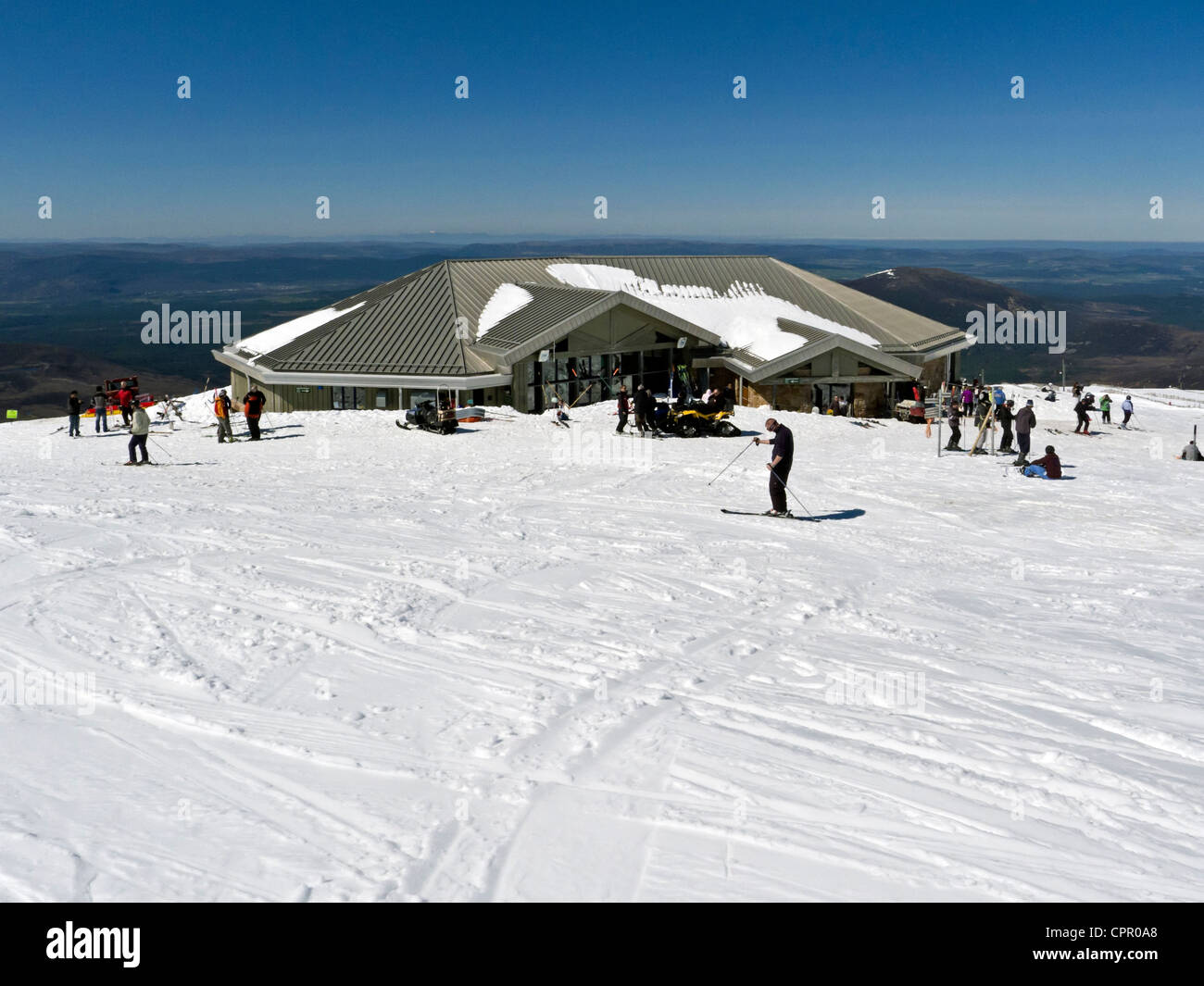 Ptarmigan Restaurant on Cairn Gorm mountain in Scotland in Sunny weather with plenty of snow in early May Stock Photo