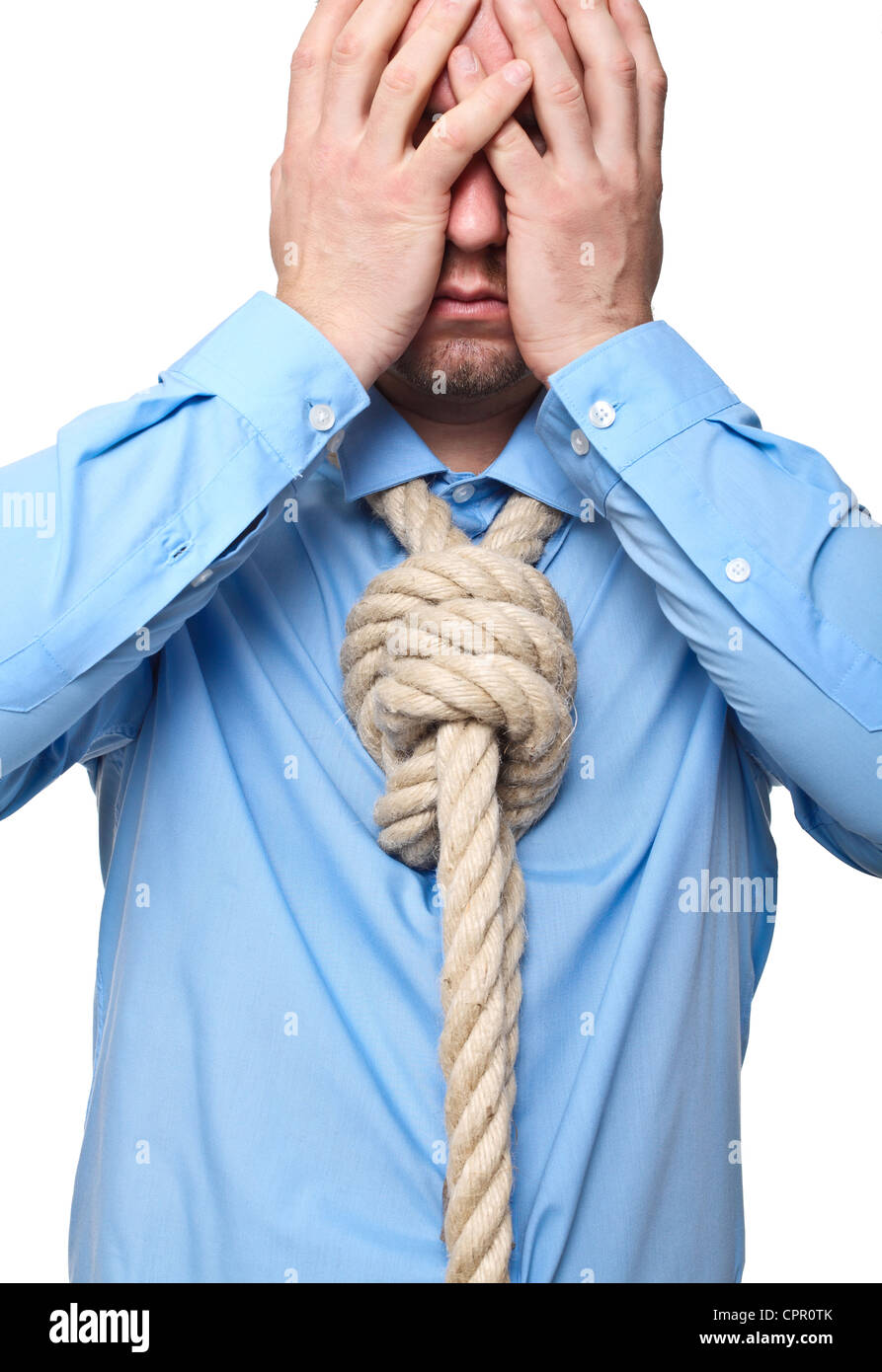 sad man with loop tie isolated on white background Stock Photo
