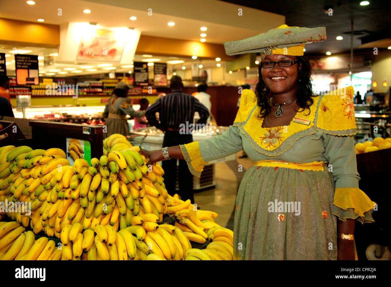 A Herero supermarket girl in her traditional dress on Independence Day 2011 Stock Photo