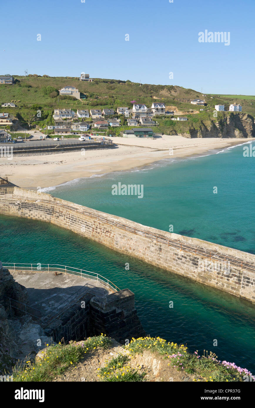 Portreath seaside village beach and pier from the cliff edge on Lighthouse hill.  Cornwall UK. Stock Photo