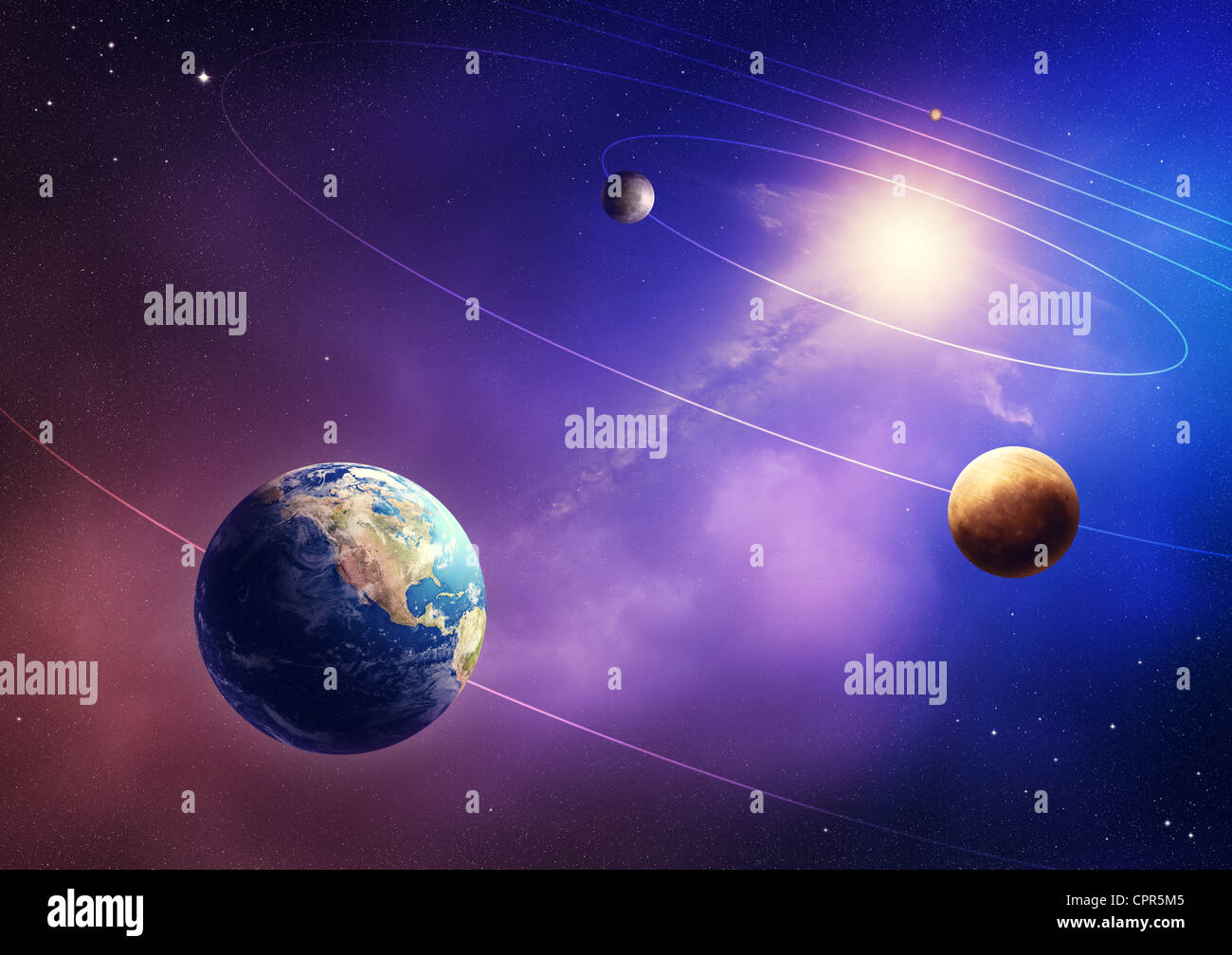 Inner four solar system planets (Elements of this image furnished by NASA- earthmap http://visibleearth.nasa.gov) Stock Photo