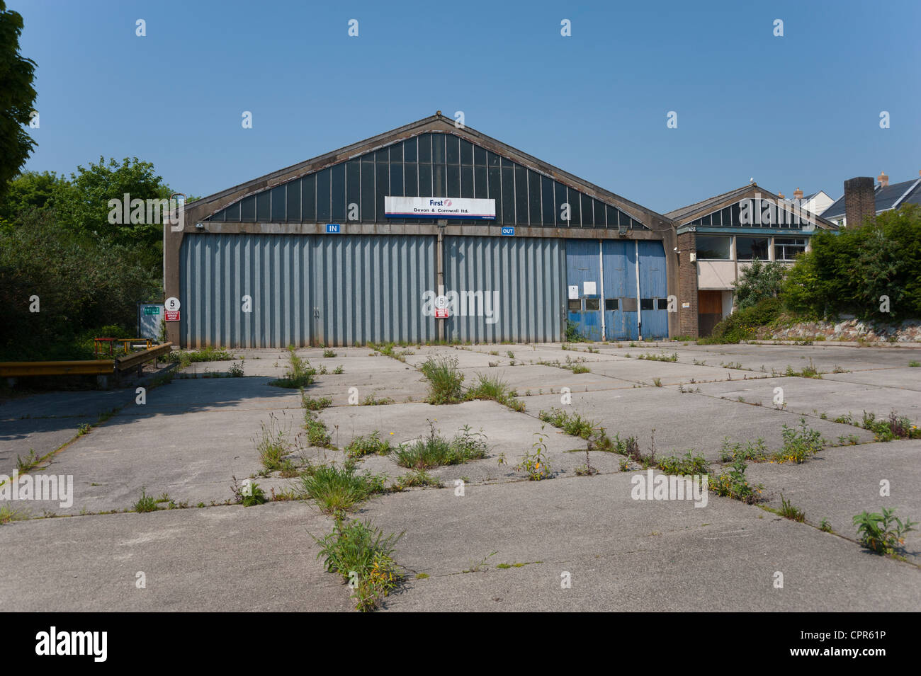 An abandoned bus garage in St Austell, Cornwall. Stock Photo