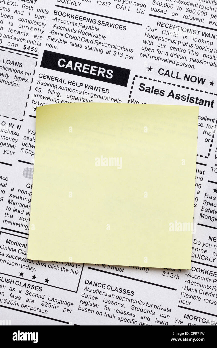 Classified Sticky Note Fake Classified Ad, newspaper and sticky note Stock Photo - Alamy
