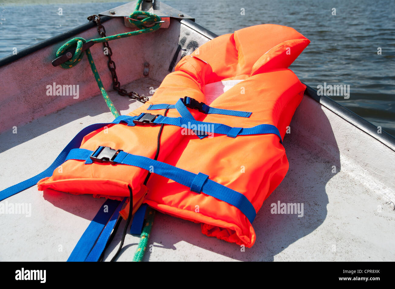 Life jacket on boat background Stock Photo Alamy