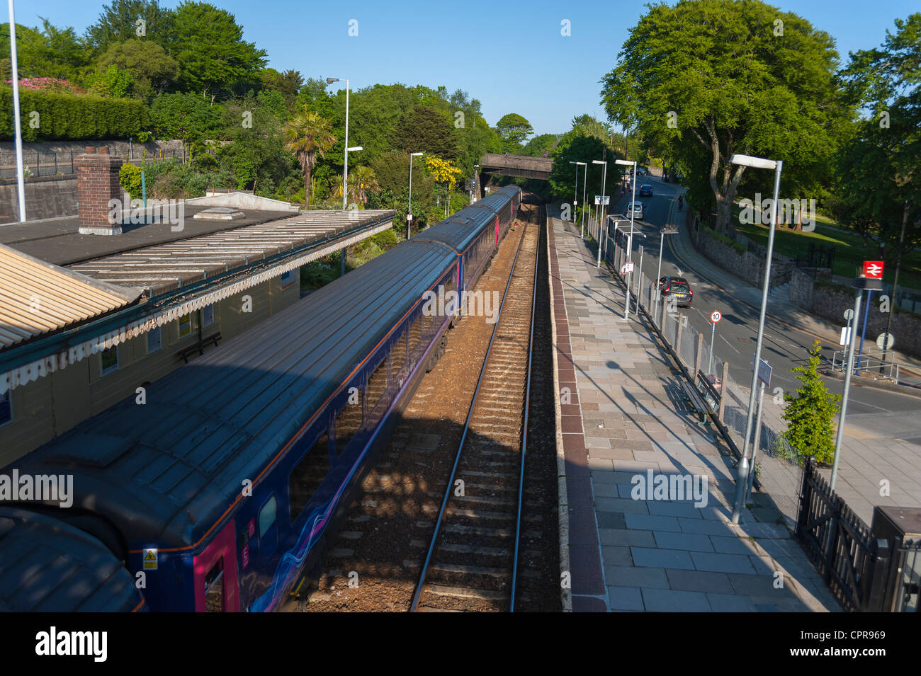 First Great Western Train waiting at the platform in St Austell station, Cornwall Stock Photo