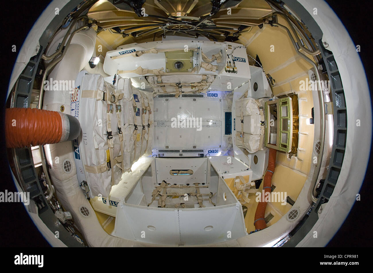 A fisheye view of the inside of the SpaceX Dragon cargo craft berthed to the International Space Station on May 26, 2012. Dragon became the first commercially developed space vehicle to be launched to the ISS. Stock Photo