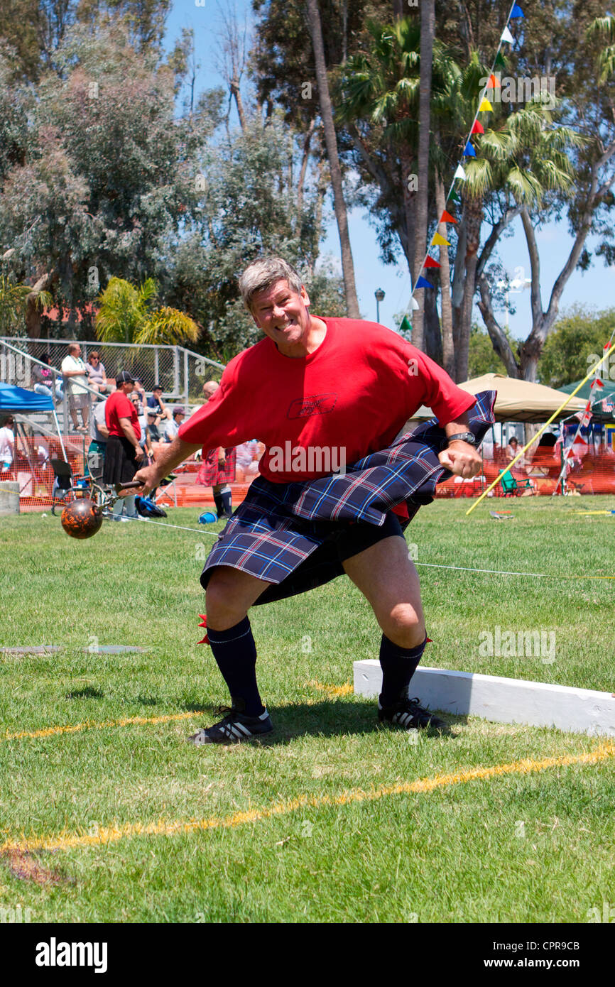 Throwing The Weight at the American Scottish Festival Costa Mesa California USA Stock Photo