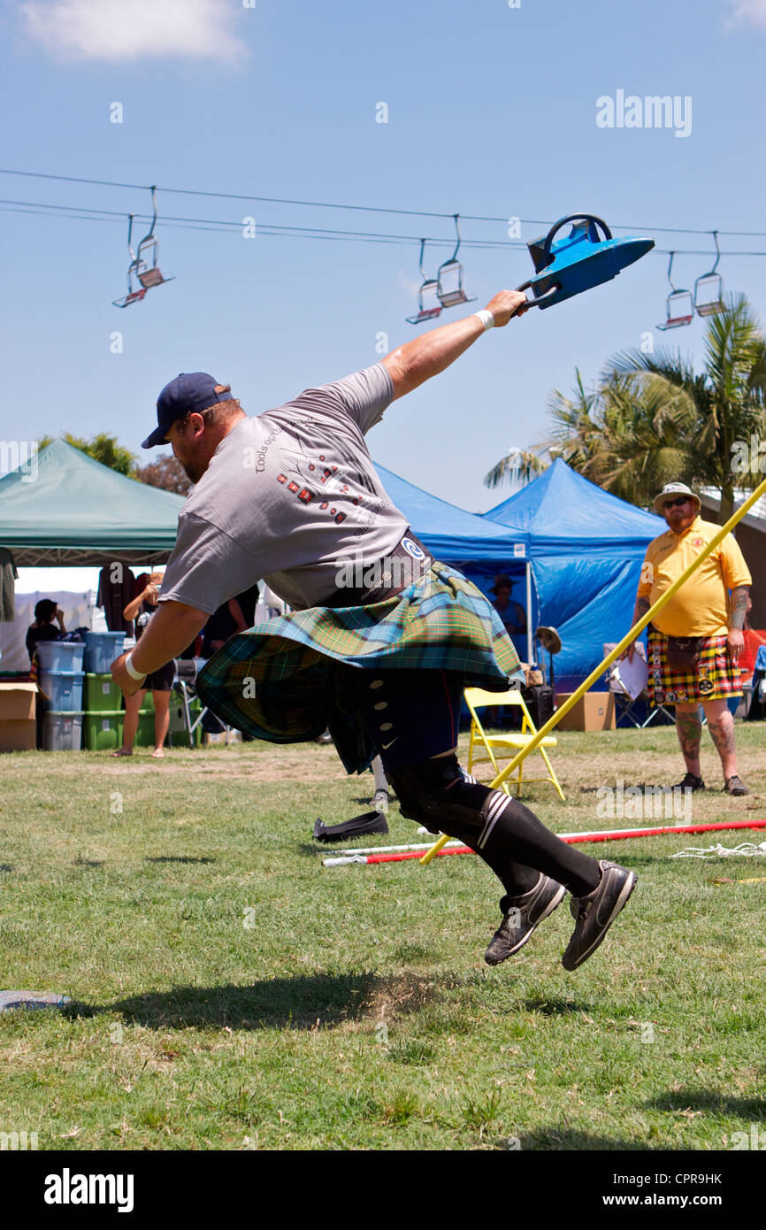 Athletes in kilts throwing the anvil at the American Scottish Festival