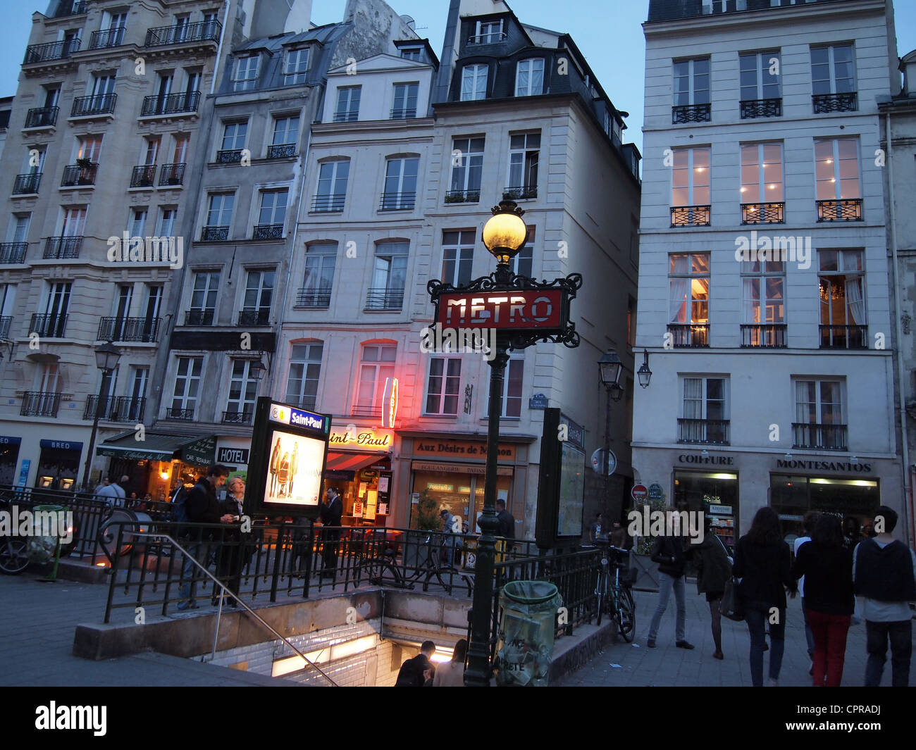 SaintPaul Metro Station on Rue SaintAntoine, at dusk, Paris, France