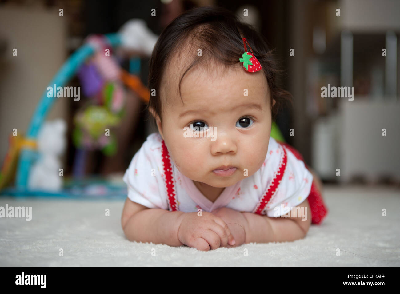 Japanese American five month old girl laying on the floor trying to ...