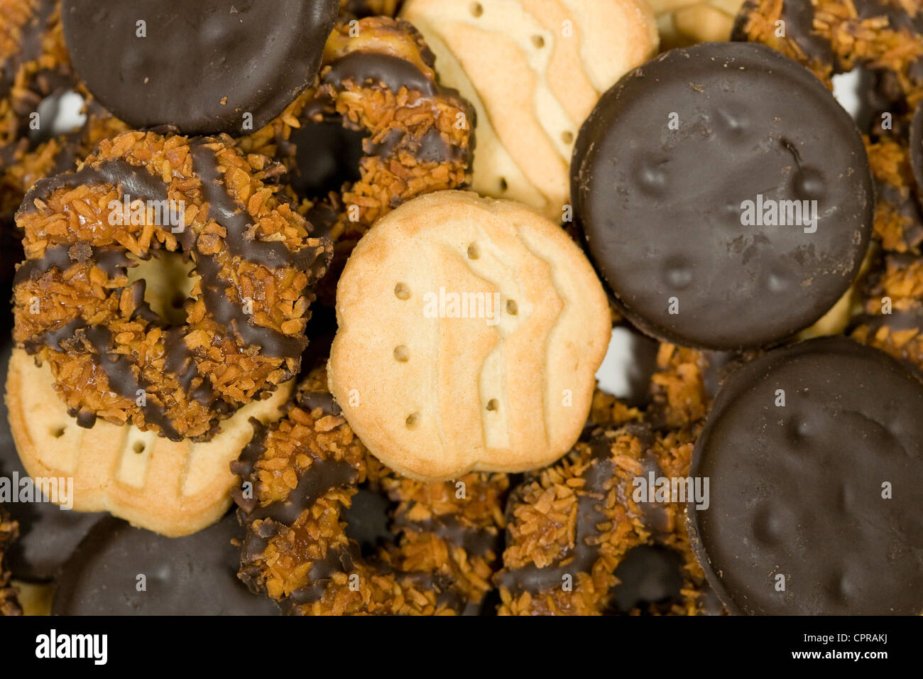 Thin Mints, Trefoils and Samoas Girl Scout cookies.  Stock Photo