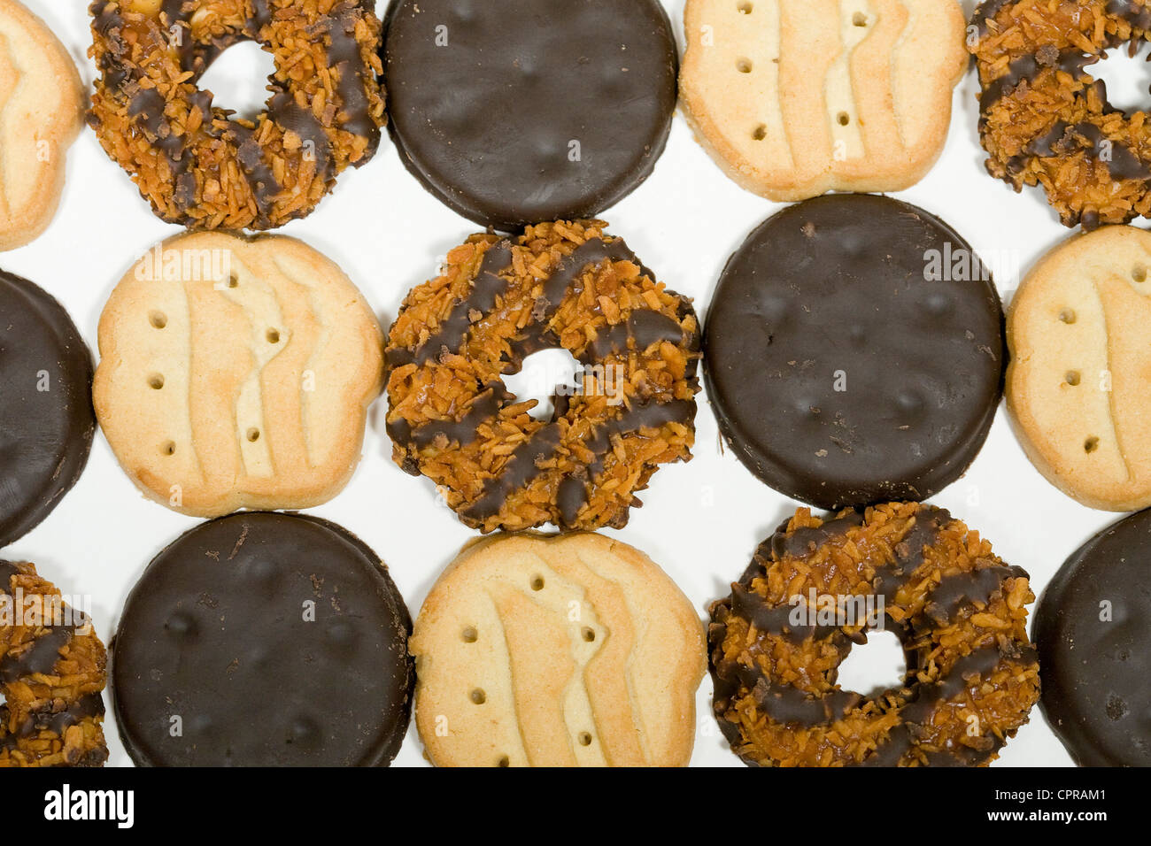 Thin Mints, Trefoils and Samoas Girl Scout cookies.  Stock Photo
