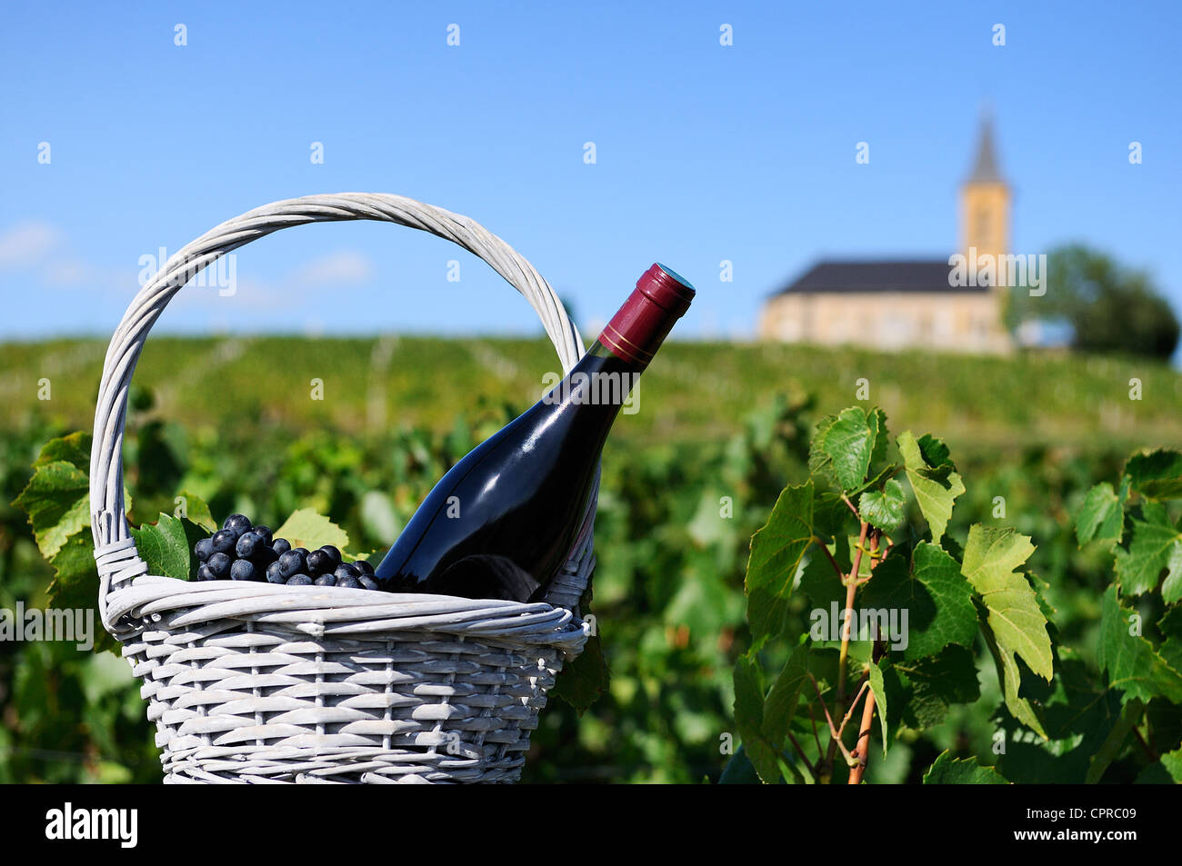 Bottle of red wine in a basket of reasons near a typical church Stock Photo