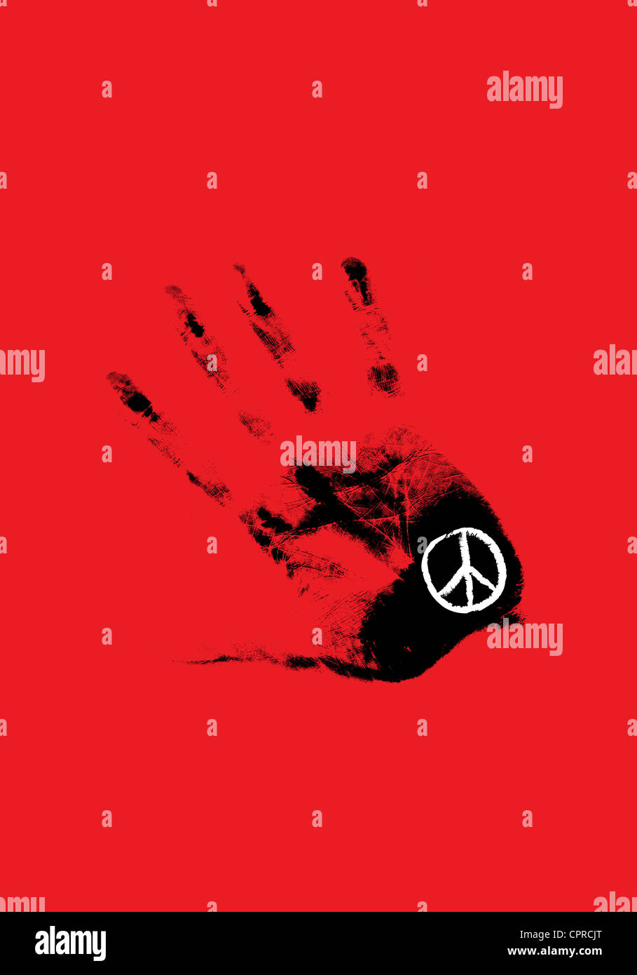 Black handprint with a white Symbol of peace. Stock Photo