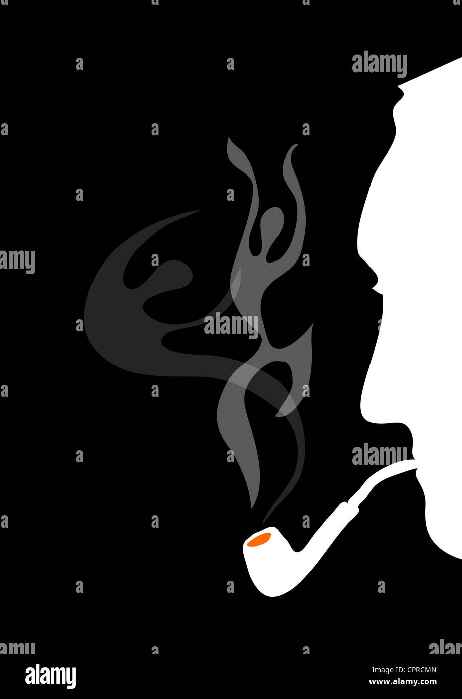 Silhouette of a detective smoking a pipe. Stock Photo