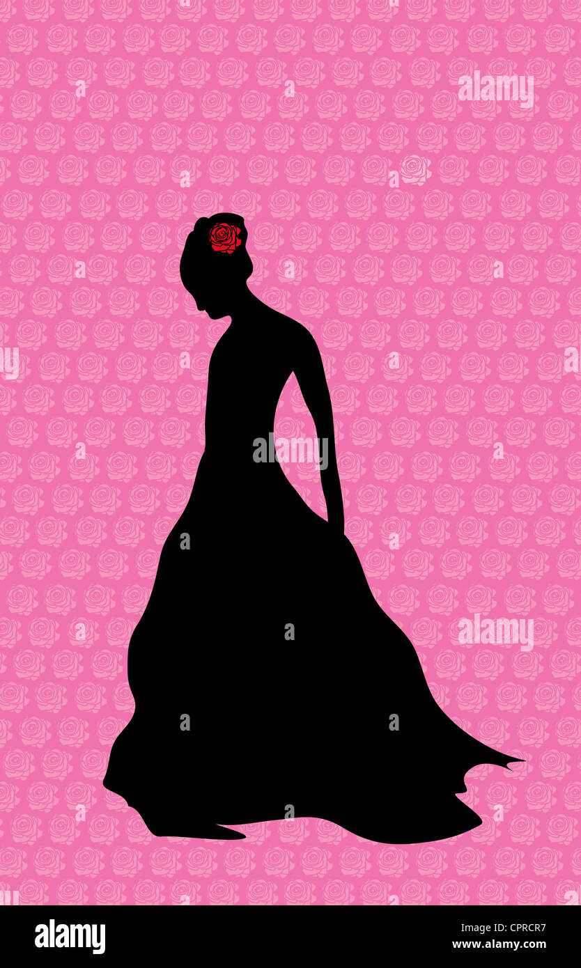 Black silhouette of a woman standing alone with a red rose in her hair. Stock Photo