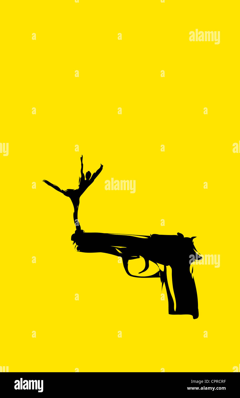 Black silhouette of a woman balancing on a handgun, yellow background. Stock Photo