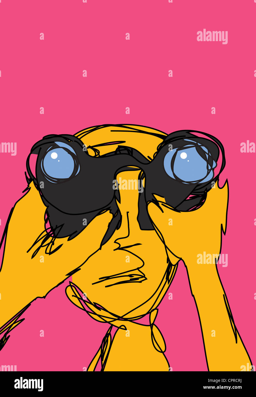Person looking with binoculars. Stock Photo