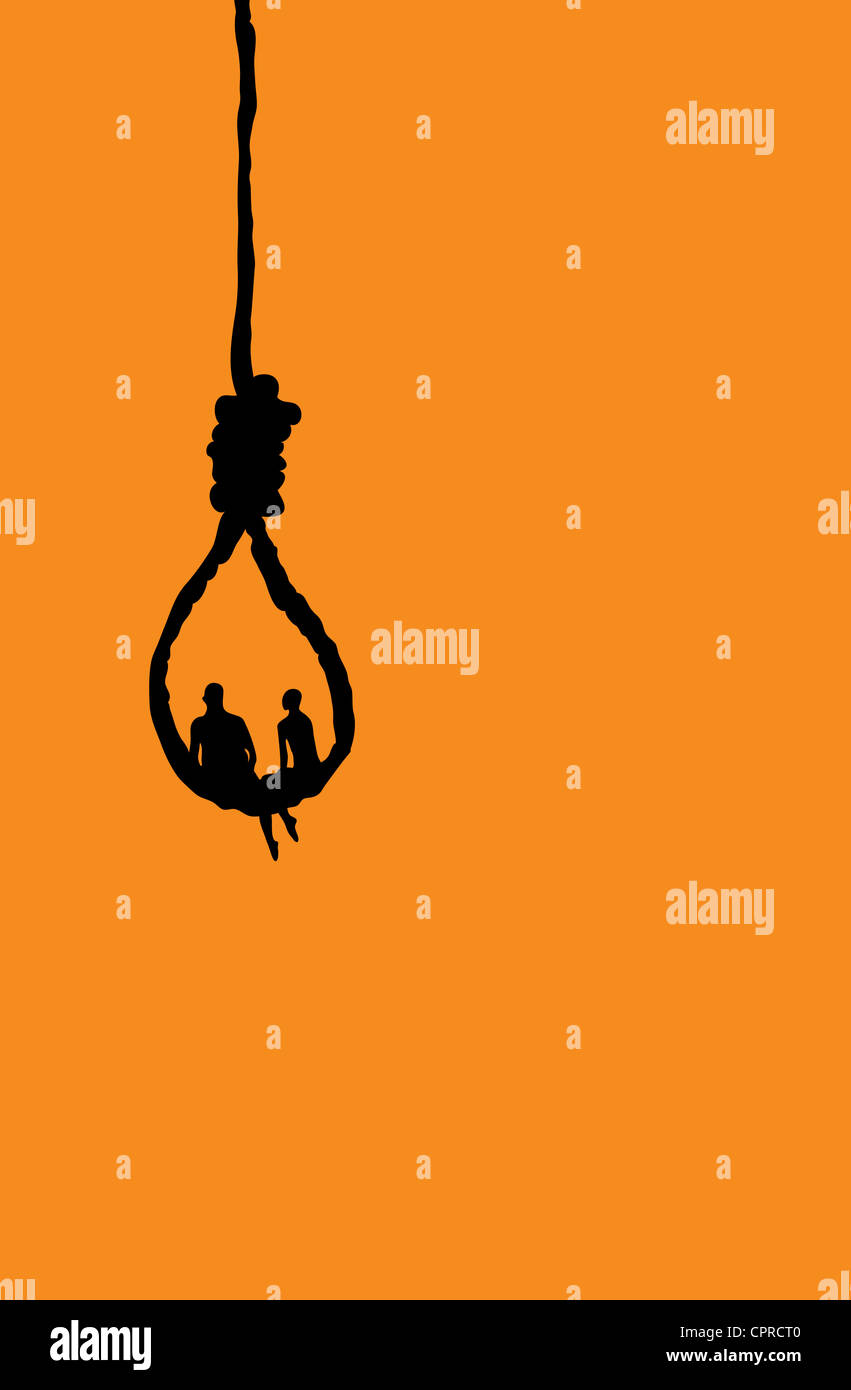 Two silhouettes sitting together in a noose. Stock Photo