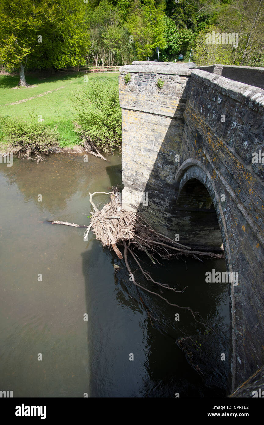 Floating debris trapped against a pier on a bridge, partially blocking the river channel Stock Photo