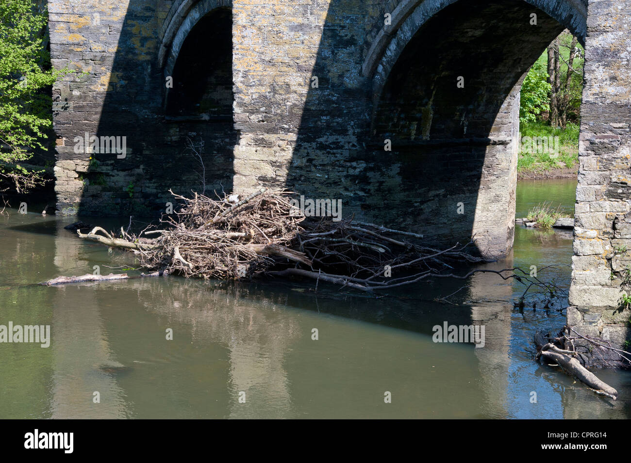 Floating debris trapped against a pier on a bridge, partially blocking the river channel Stock Photo