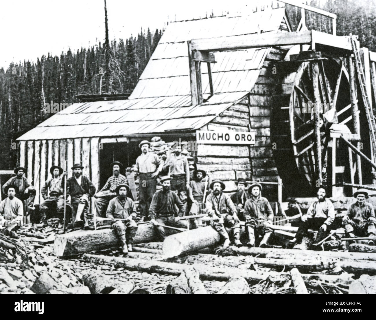 GOLD MINING at Barkerville, British Columbia in the 1880s. The mine is humorously called 'much gold' Stock Photo