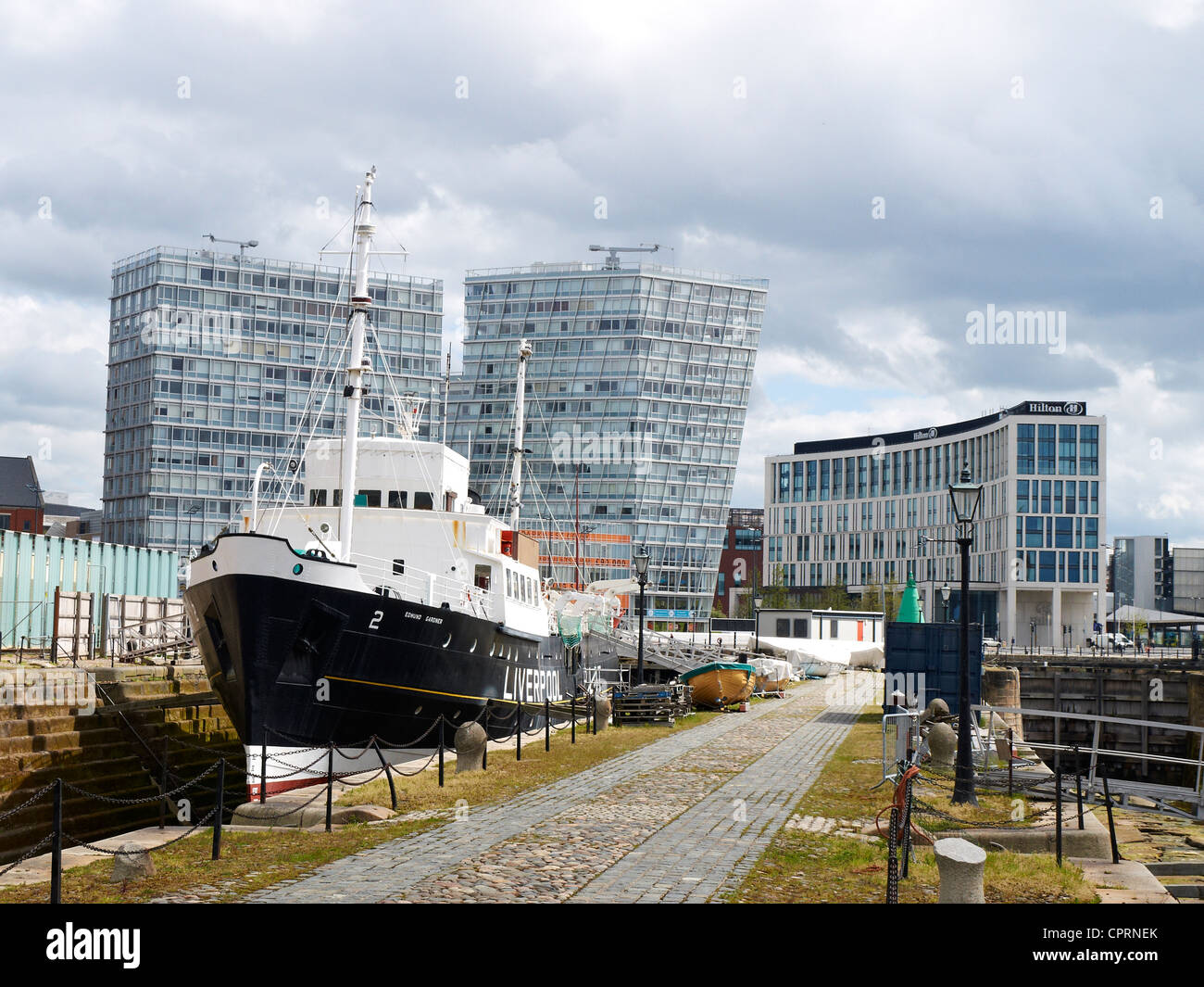 Edmund Gardner vessel, One Park West apartments and Hilton hotel in Liverpool uk Stock Photo Alamy