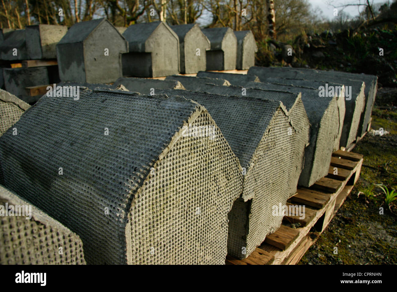 Molded cement shapes drying, to be used as capping stones on a folly castle. Stock Photo