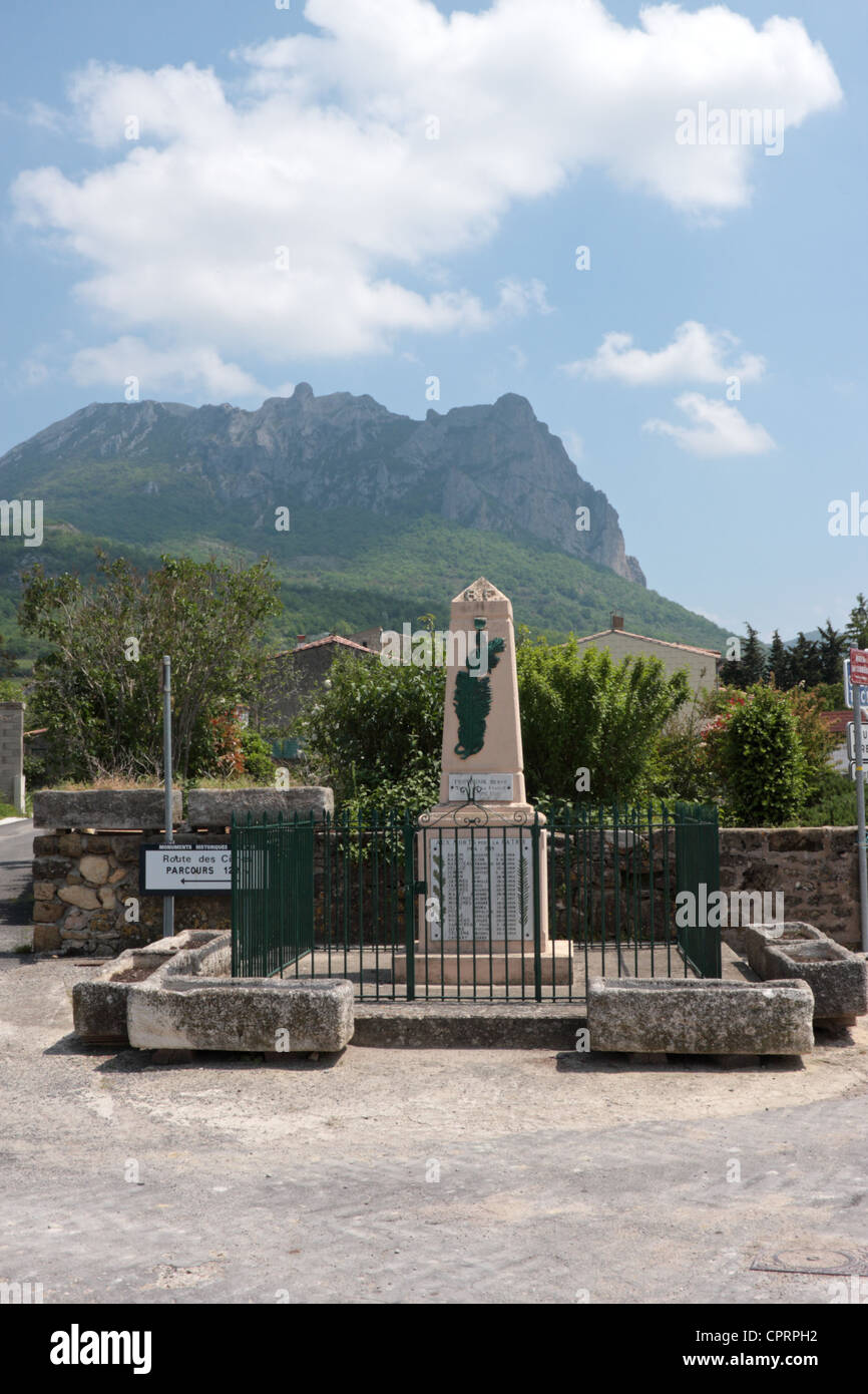 War memorial of Bugarach Aude France with Pic de Bugarach in the background Stock Photo